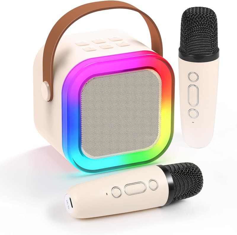 Portable Karaoke Machine with 2 Wireless Microphones & LED Lights
