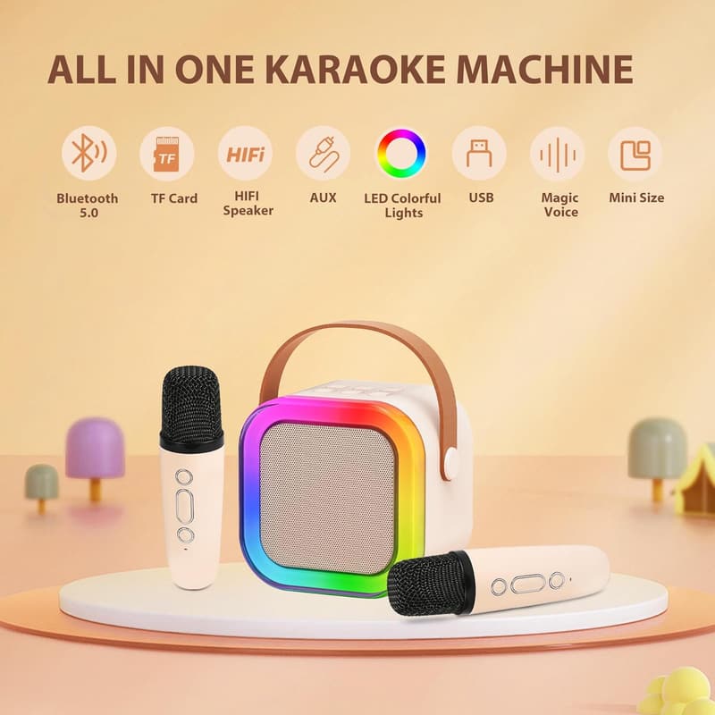 Portable Karaoke Machine with 2 Wireless Microphones & LED Lights