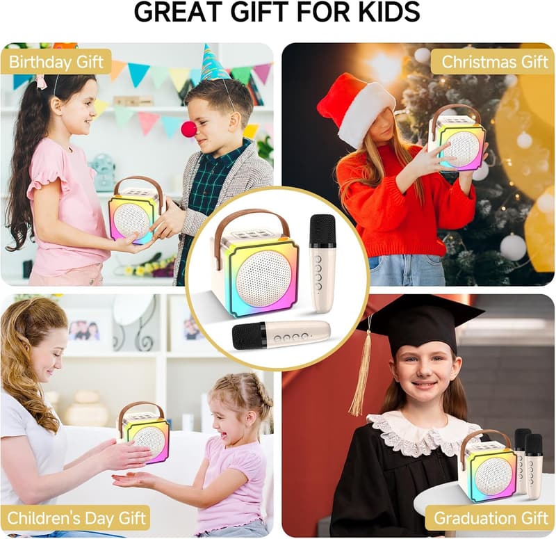 Portable Bluetooth Karaoke Machine with 2 Wireless Microphones - Ideal Birthday Gift for Kids