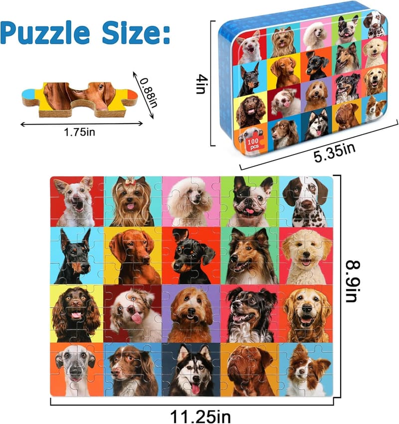 100-Piece Dog Puzzle for Kids Ages 4-8 in Metal Box