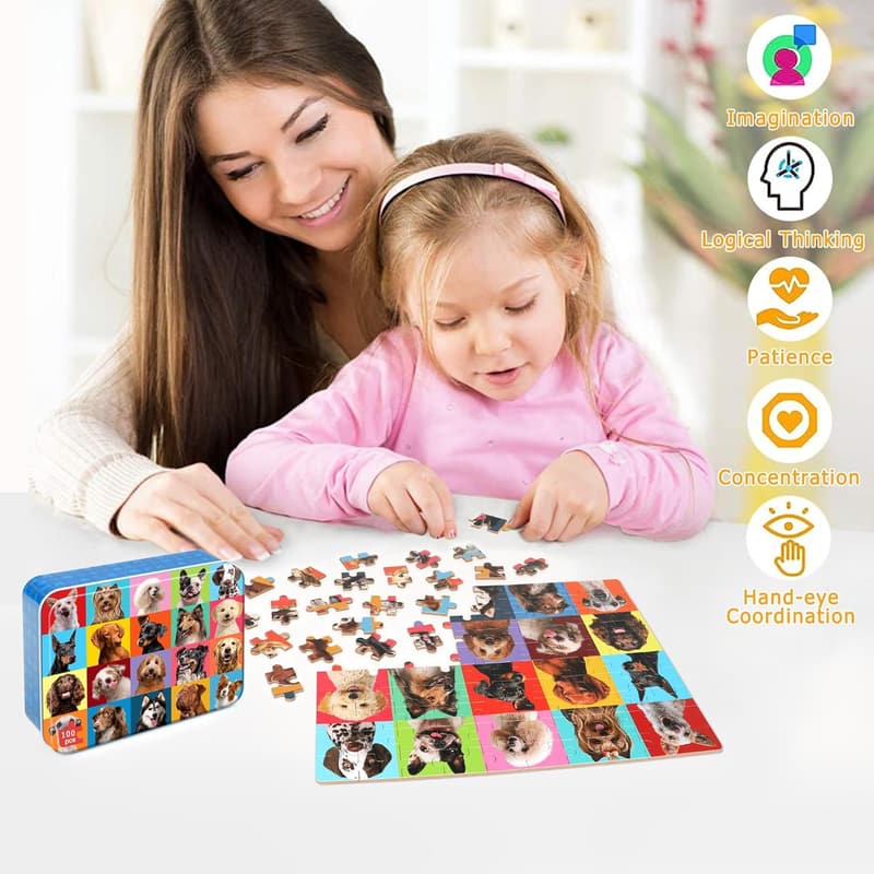 100-Piece Dog Puzzle for Kids Ages 4-8 in Metal Box