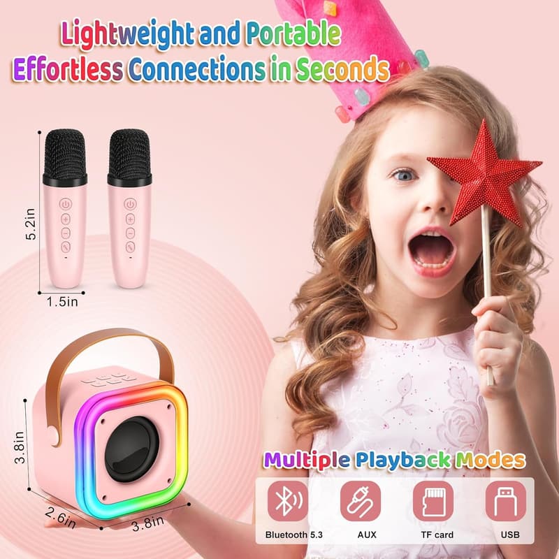 Kids Karaoke Wireless Microphone - Pink Party Gift for Ages 4-12