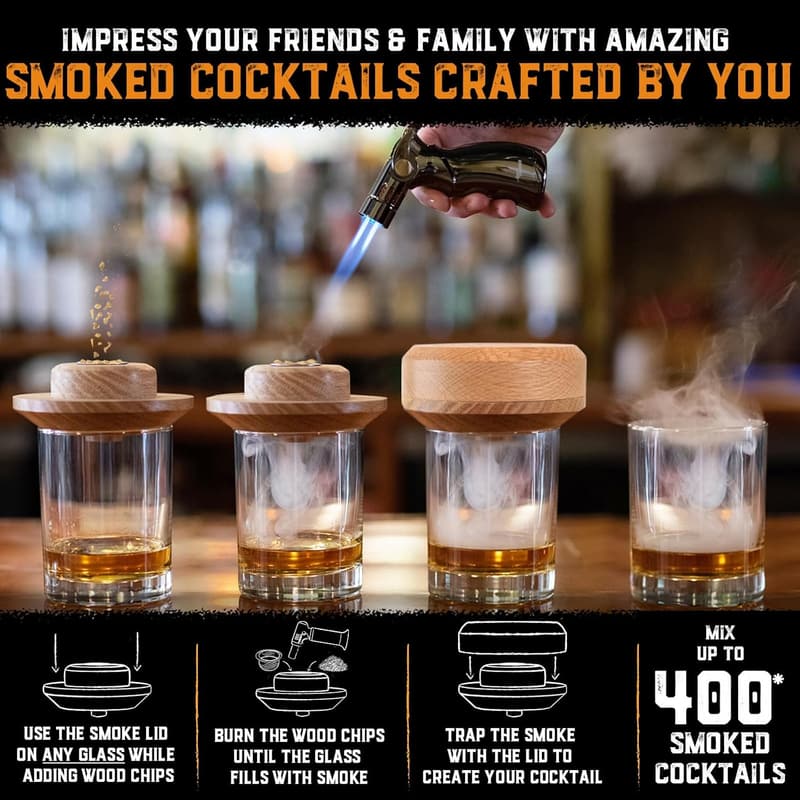 Whiskey Cocktail Smoker Kit with Torch & Wood Chips - Bourbon Gifts for Men