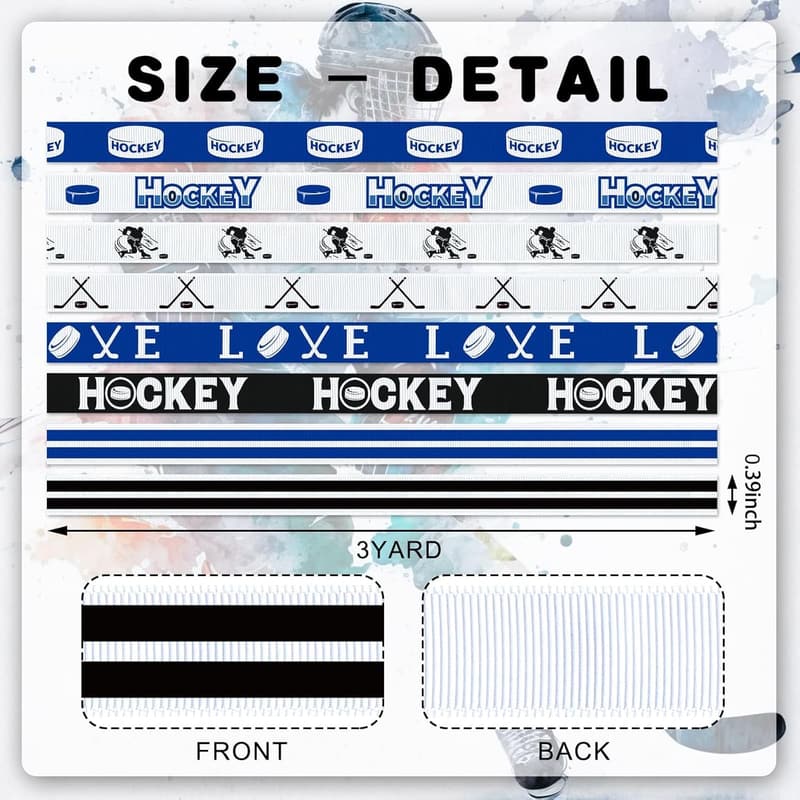 Ice Hockey Themed Grosgrain Ribbons - 8 Rolls, 3/8