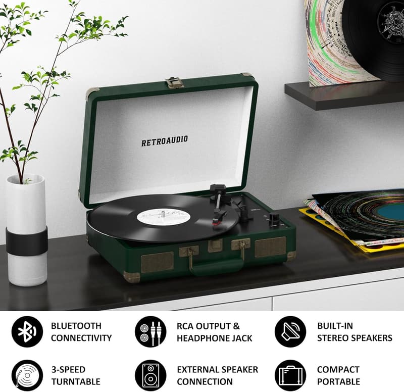 Bluetooth Portable Vinyl Record Player with Built-in Speakers