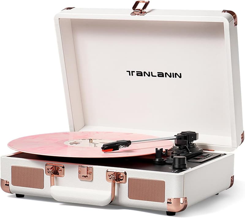 Vintage Bluetooth Vinyl Record Player with USB Recording - White Rose Gold
