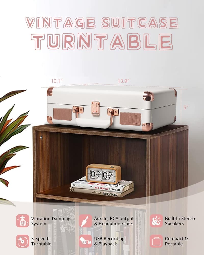 Vintage Bluetooth Vinyl Record Player with USB Recording - White Rose Gold
