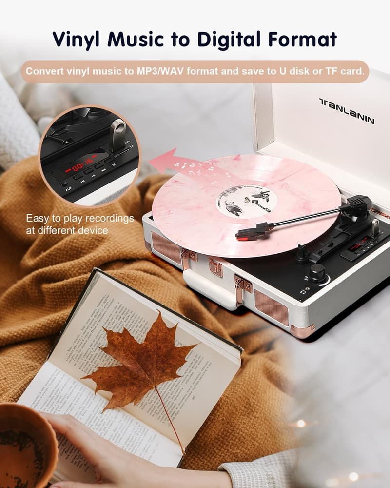 Vintage Bluetooth Vinyl Record Player with USB Recording - White Rose Gold