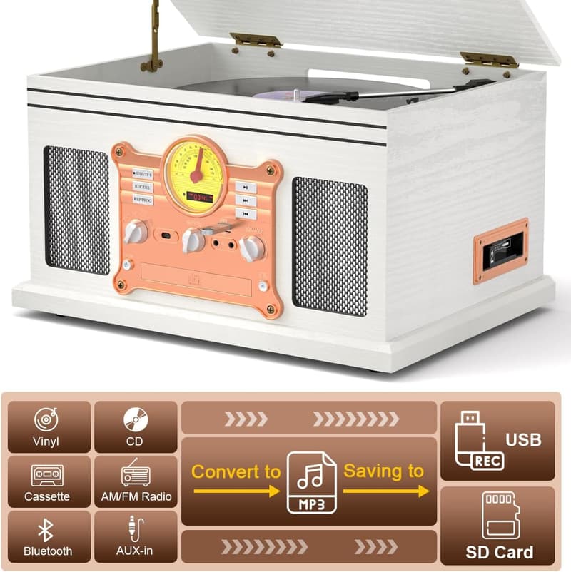 Bluetooth Vinyl Record Player and CD Cassette Combo, 10-in-1