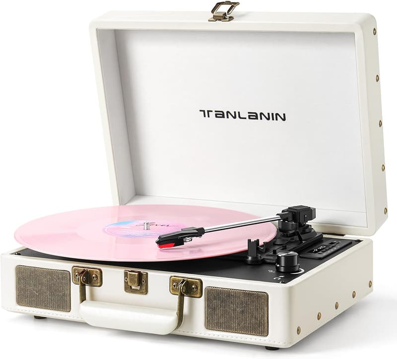 Portable Bluetooth Vinyl Record Player with Built-in Speakers, White