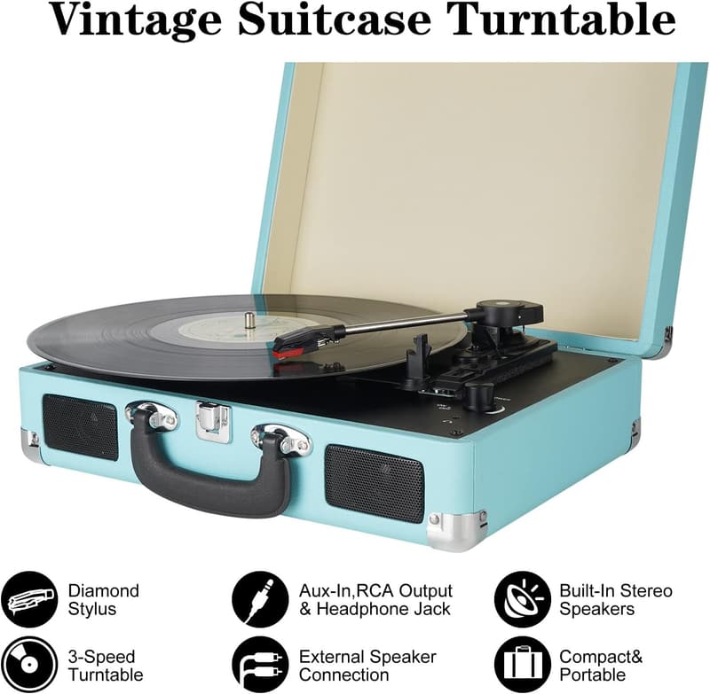 Portable Vintage Vinyl Record Player with Built-in Speakers