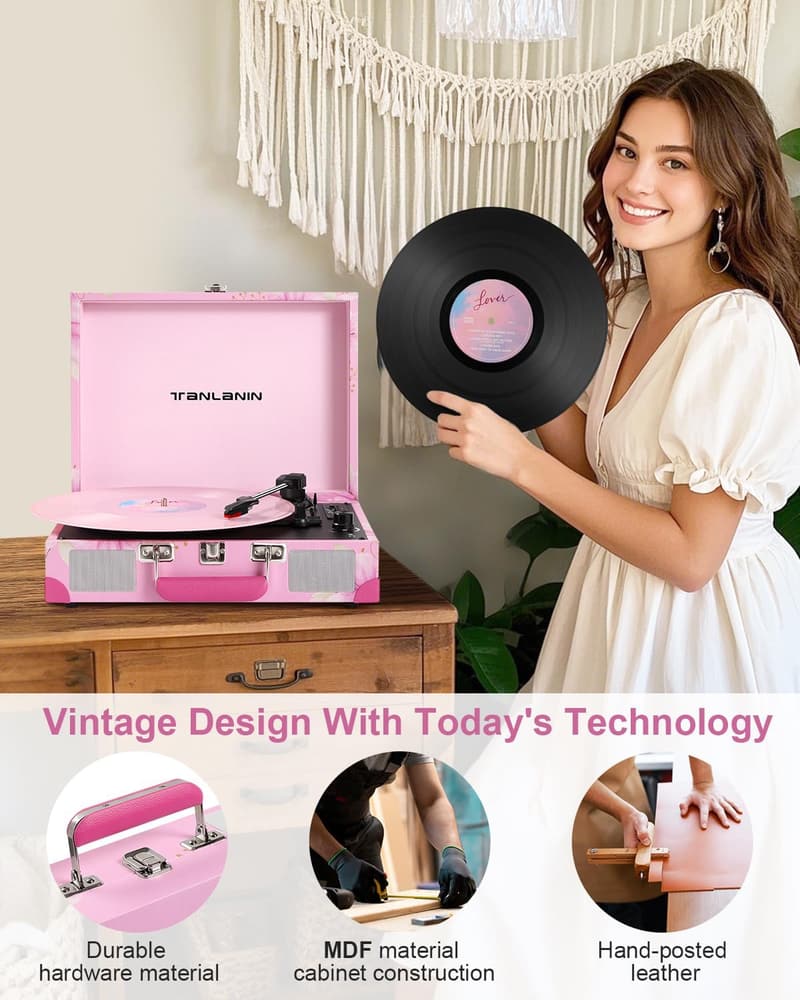 Vintage Bluetooth Vinyl Record Player - Portable 3-Speed Suitcase