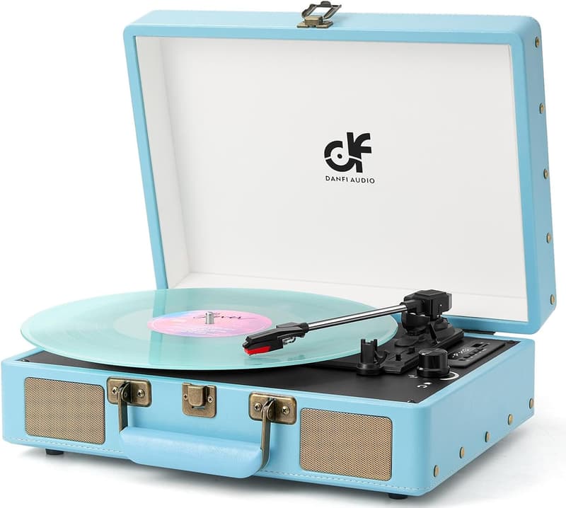 Vintage Bluetooth Turntable with Speakers and Auto-Stop, Blue