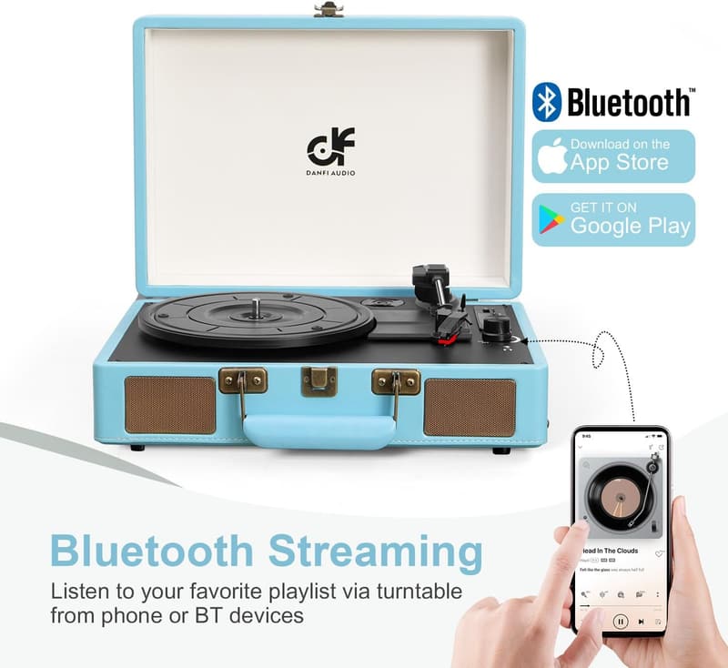 Vintage Bluetooth Turntable with Speakers and Auto-Stop, Blue