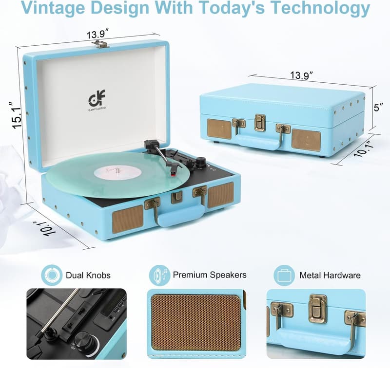 Vintage Bluetooth Turntable with Speakers and Auto-Stop, Blue