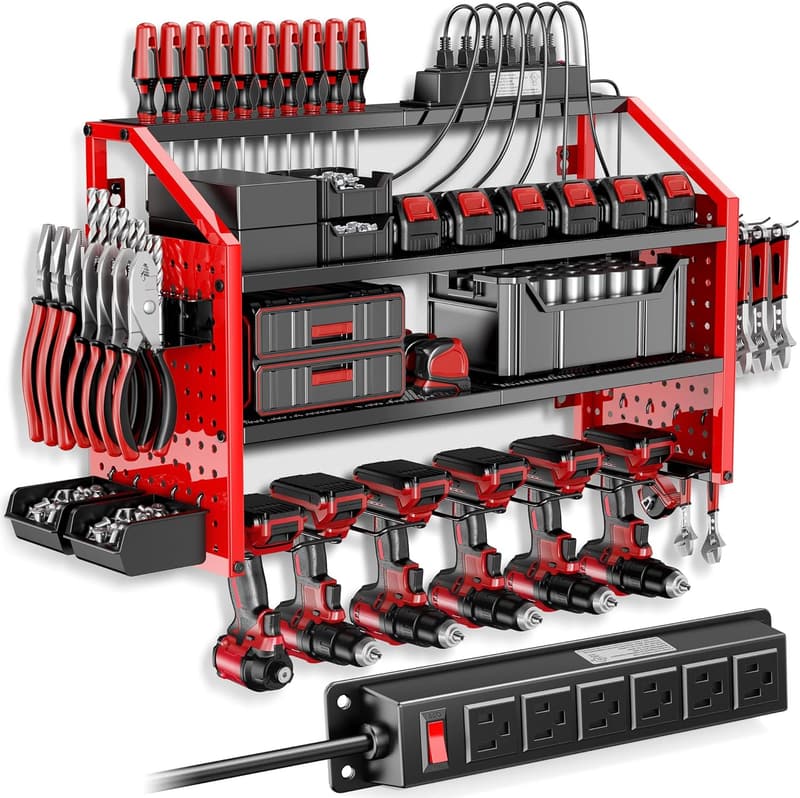 Heavy-Duty Steel Power Tool Organizer with Charging Station