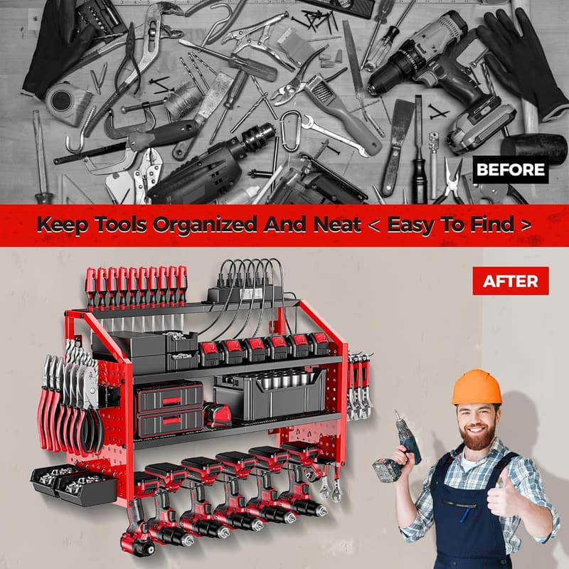 Heavy-Duty Steel Power Tool Organizer with Charging Station