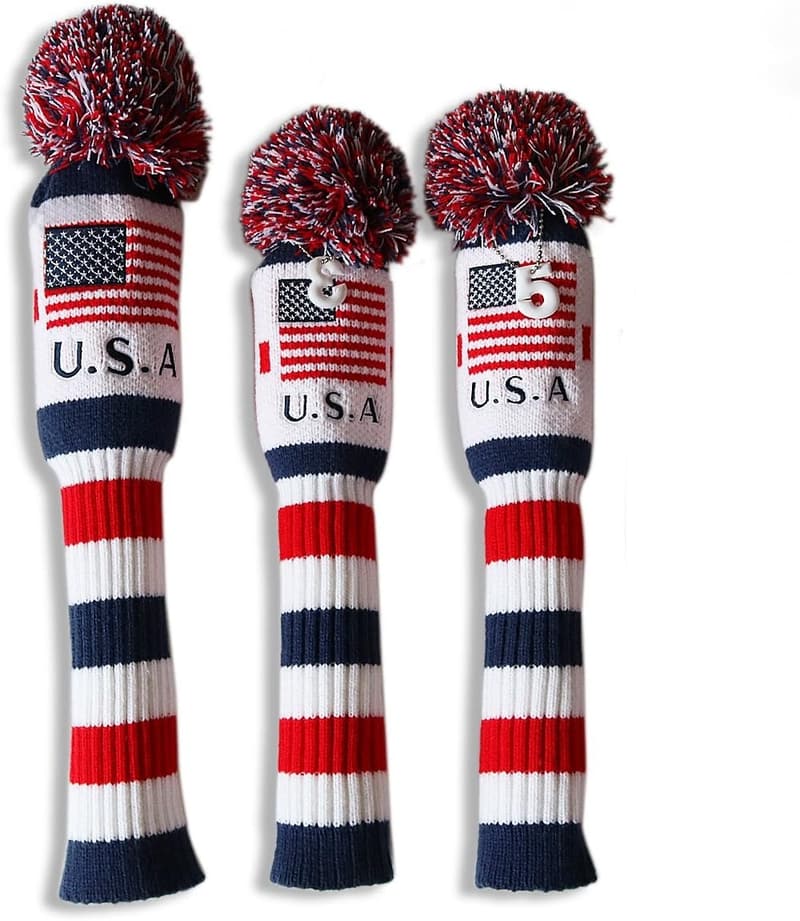 US Flag Knit Pom Pom Golf Club Headcover for Driver & Fairway