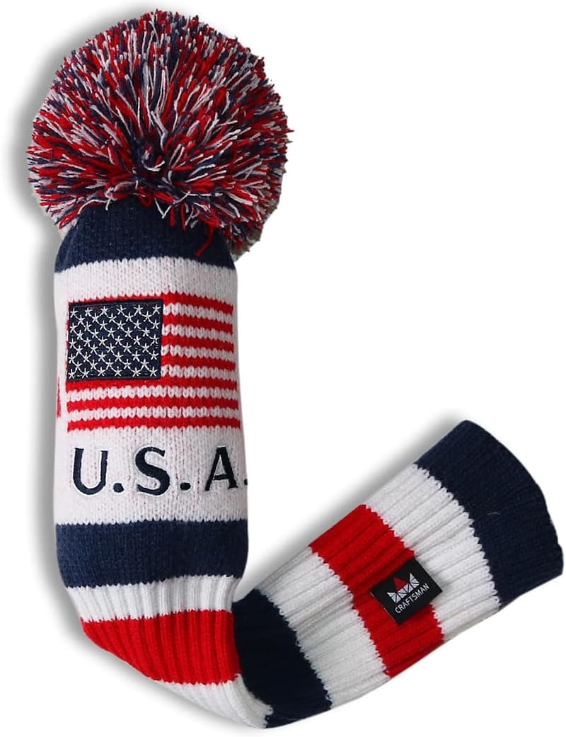 US Flag Knit Pom Pom Golf Club Headcover for Driver & Fairway