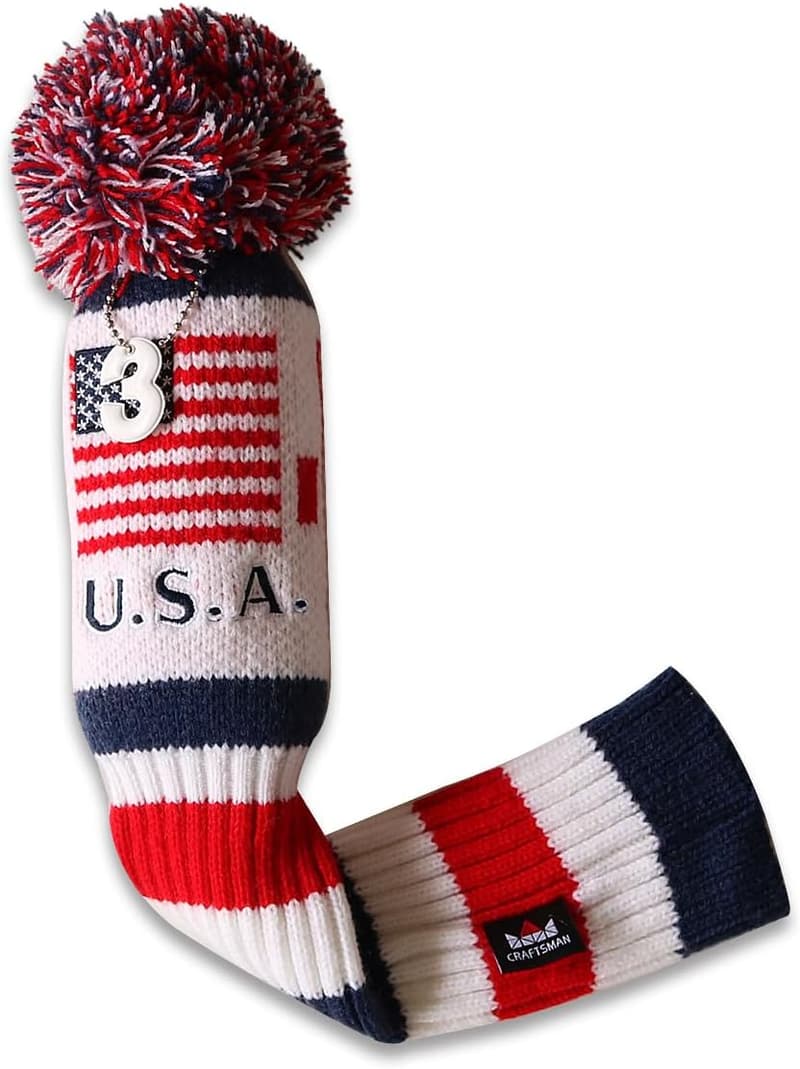 US Flag Knit Pom Pom Golf Club Headcover for Driver & Fairway