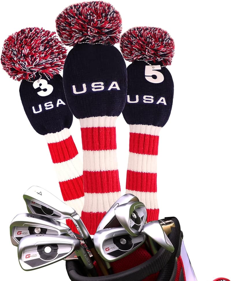 Golf Club Head Covers Set of 3 with Pom Poms and Tags
