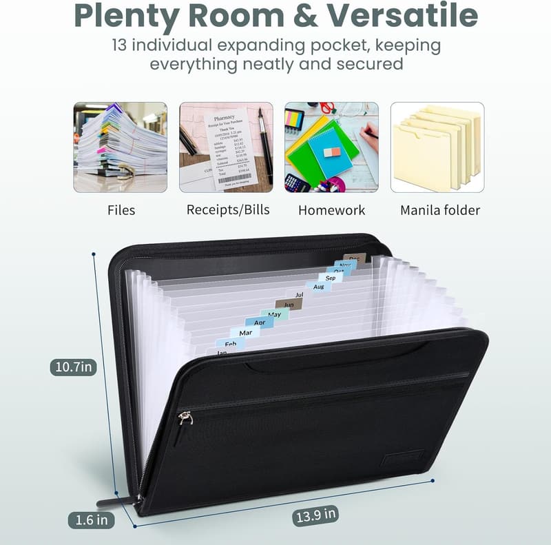 Portable Heavy-Duty Accordion File Organizer with 12 Pockets
