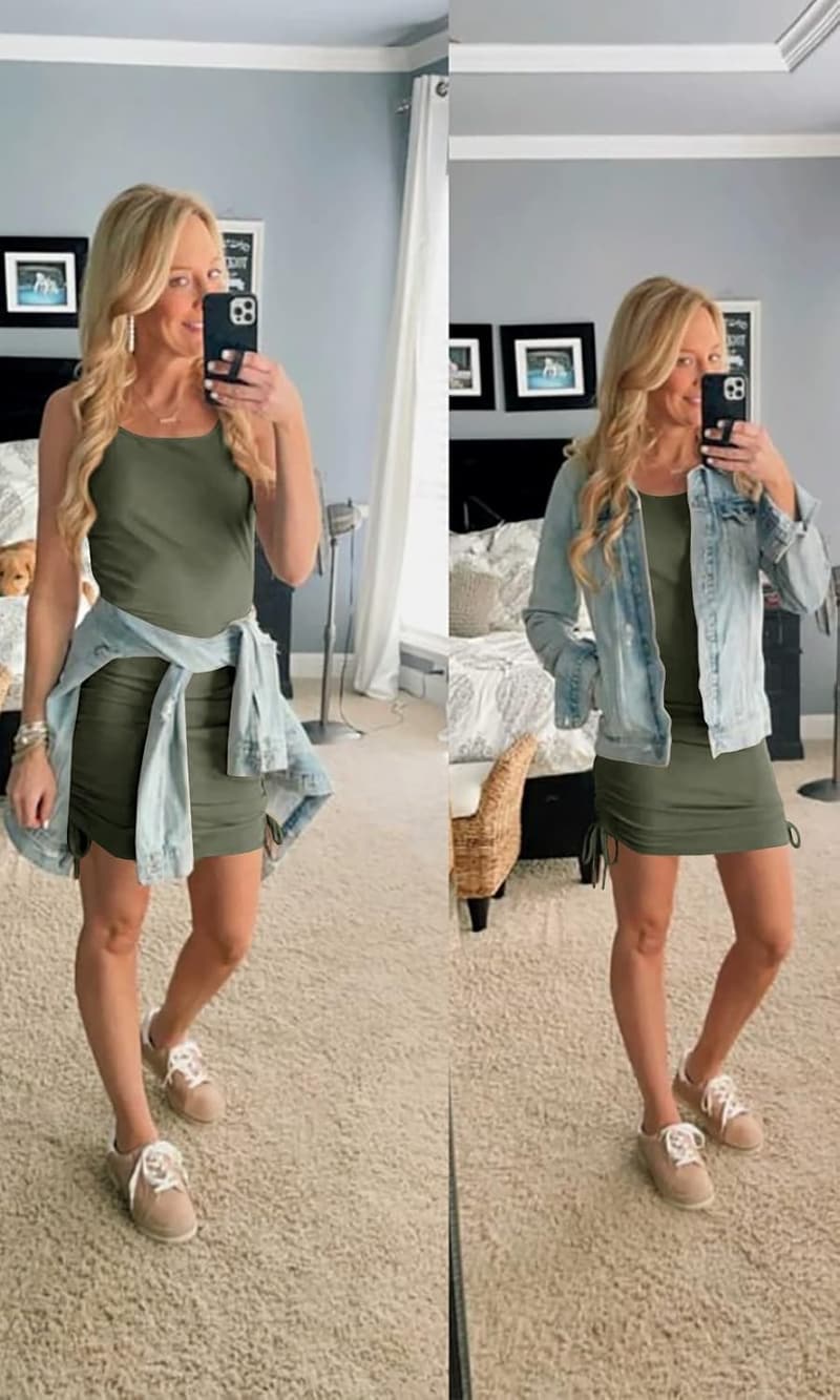 Ribbed Mini Bodycon Dress with Drawstring - Women's Summer Fashion