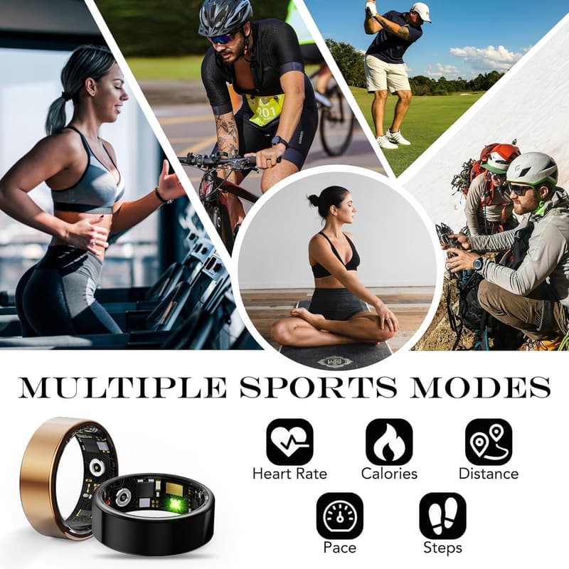 Fitness Tracker Health Ring for Men Women, IP68 Waterproof, Silver