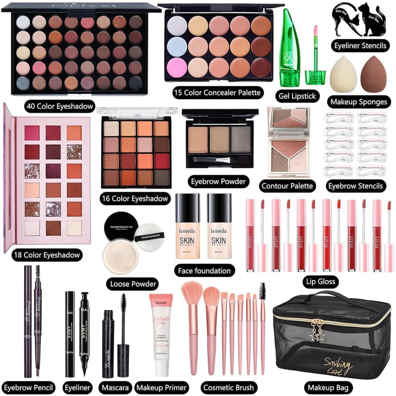 Women's Makeup Essential Set - Complete Kit with Brushes and Colors