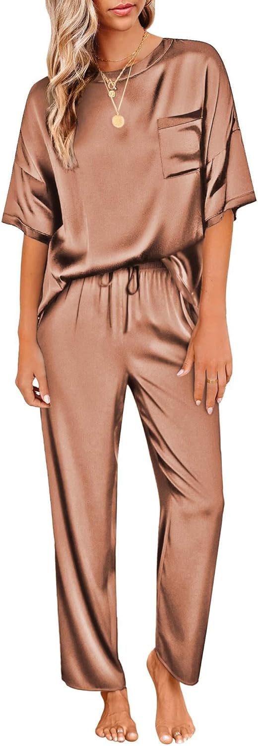 Silky Satin Women's Pajama Set - Short Sleeve & Long Pants