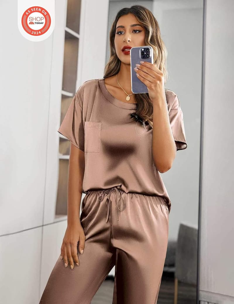 Silky Satin Women's Pajama Set - Short Sleeve & Long Pants