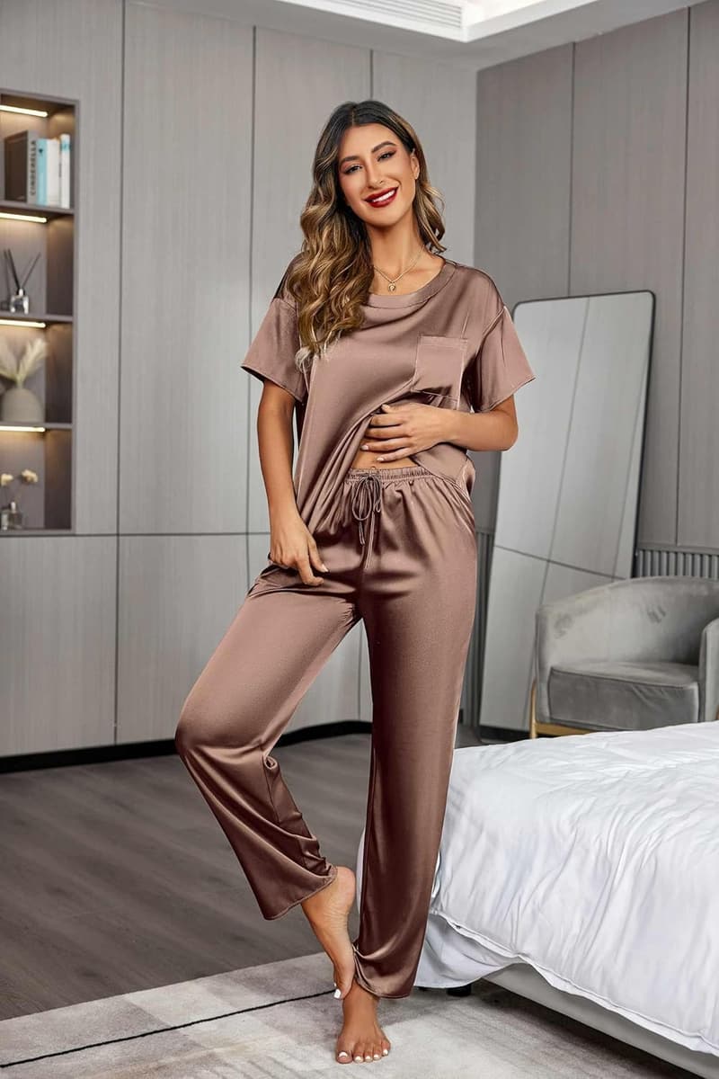 Silky Satin Women's Pajama Set - Short Sleeve & Long Pants