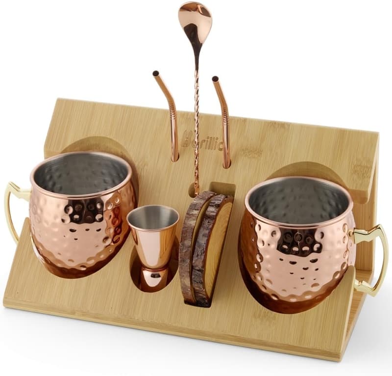 Moscow Mule Mug Set - 2 Copper-Plated Stainless Steel Cups with Stand