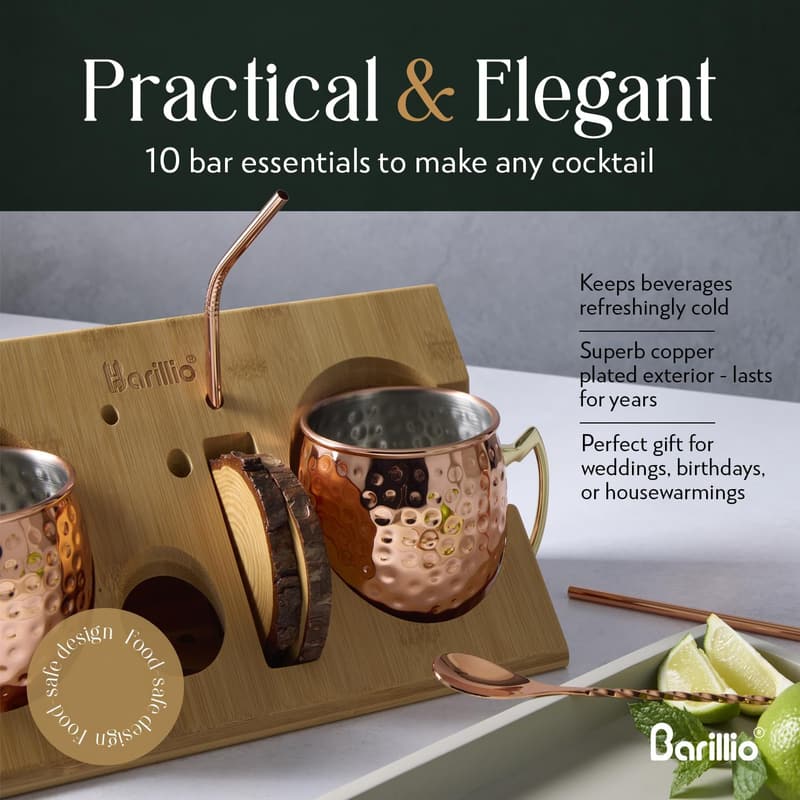 Moscow Mule Mug Set - 2 Copper-Plated Stainless Steel Cups with Stand