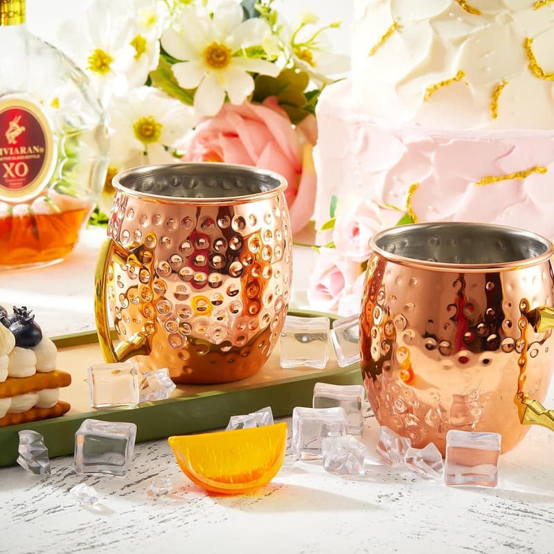 Set of 12 Hammered Copper Moscow Mule Mugs - 19 oz Rose Gold