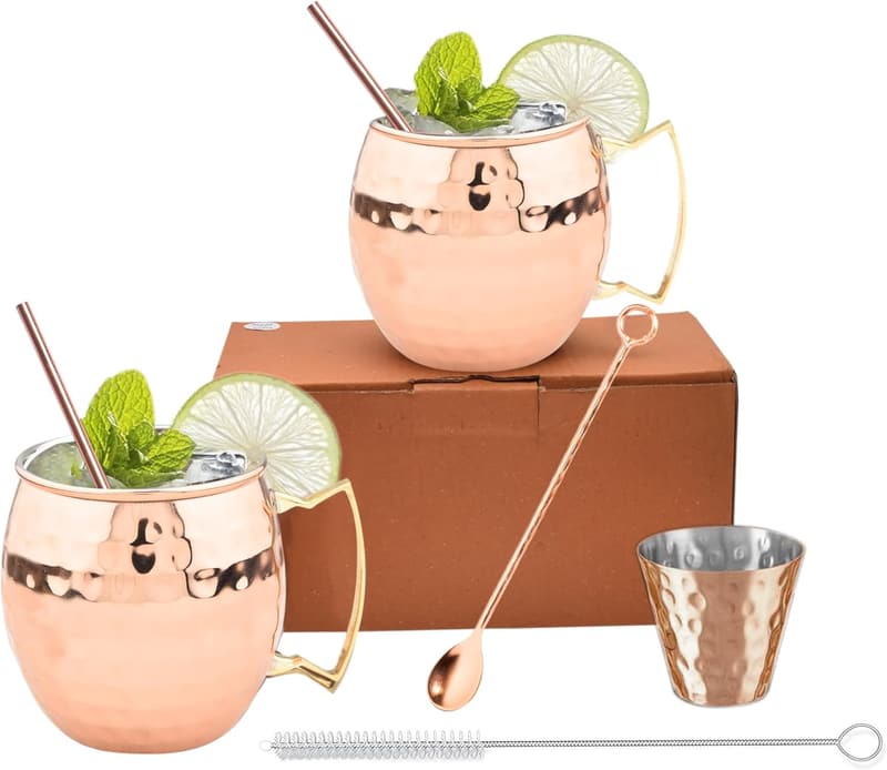 Copper Plated Moscow Mule Mugs Set with Accessories - 2 Pcs