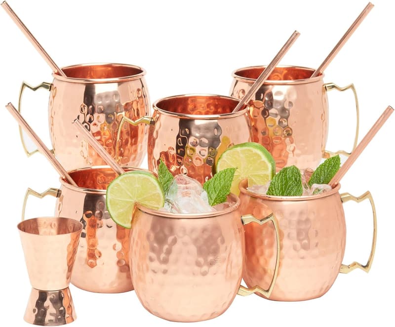 Moscow Mule Copper Mugs Gift Set of 6 with Straws & Jigger