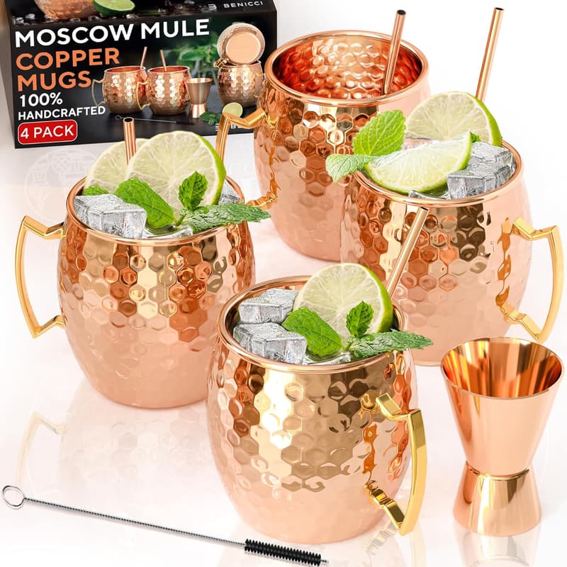 Handcrafted Copper Mugs Set - 16 oz - Ideal Christmas Gift