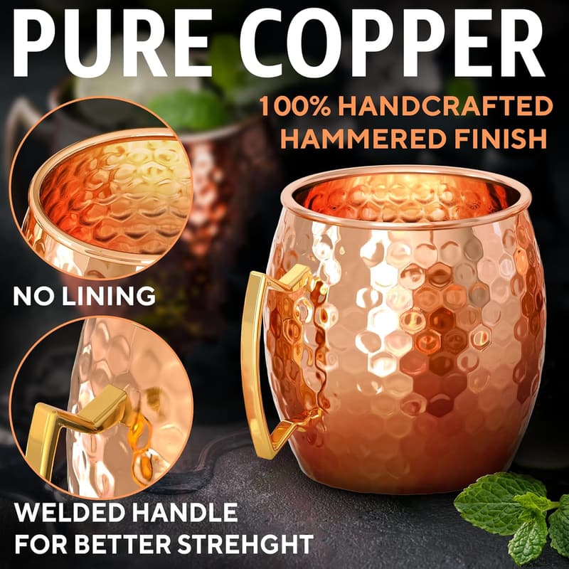 Handcrafted Copper Mugs Set - 16 oz - Ideal Christmas Gift