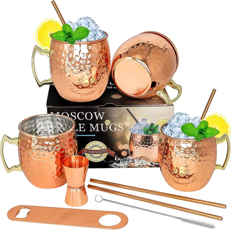 Copper Moscow Mule Mugs Set - 4 Stainless Steel 18oz Cups