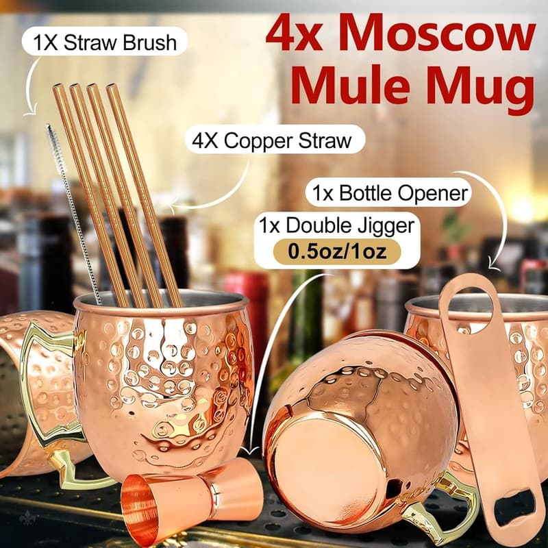 Copper Moscow Mule Mugs Set - 4 Stainless Steel 18oz Cups