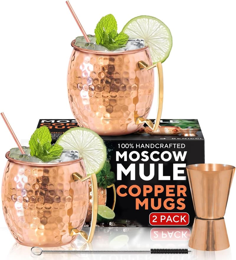 Handcrafted Copper Moscow Mule Mugs Set with Straws & Jigger