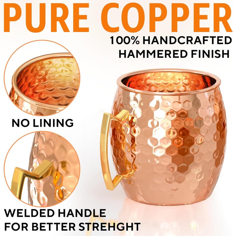 Handcrafted Copper Moscow Mule Mugs Set with Straws & Jigger