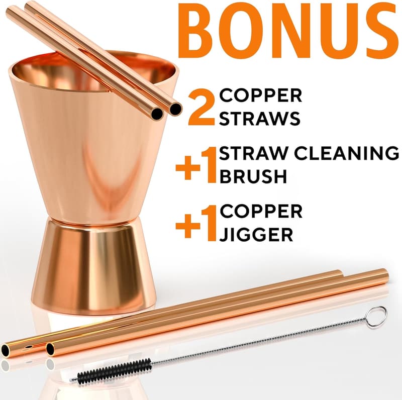 Handcrafted Copper Moscow Mule Mugs Set with Straws & Jigger