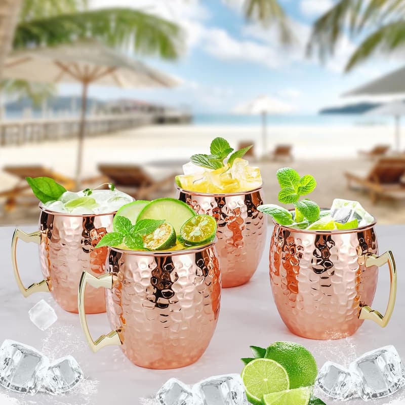 Set of 4 Hammered Copper Moscow Mule Mugs with Brass Handles
