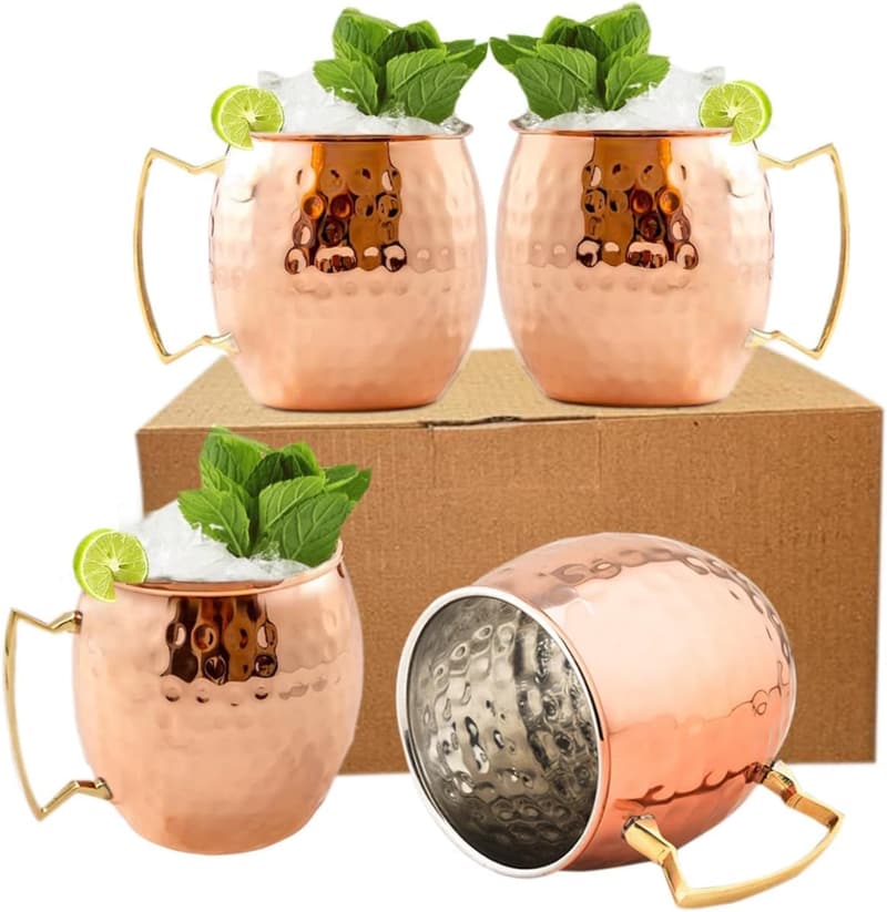 Hammered Copper Moscow Mule Mugs Set of 4 with Stainless Steel Lining
