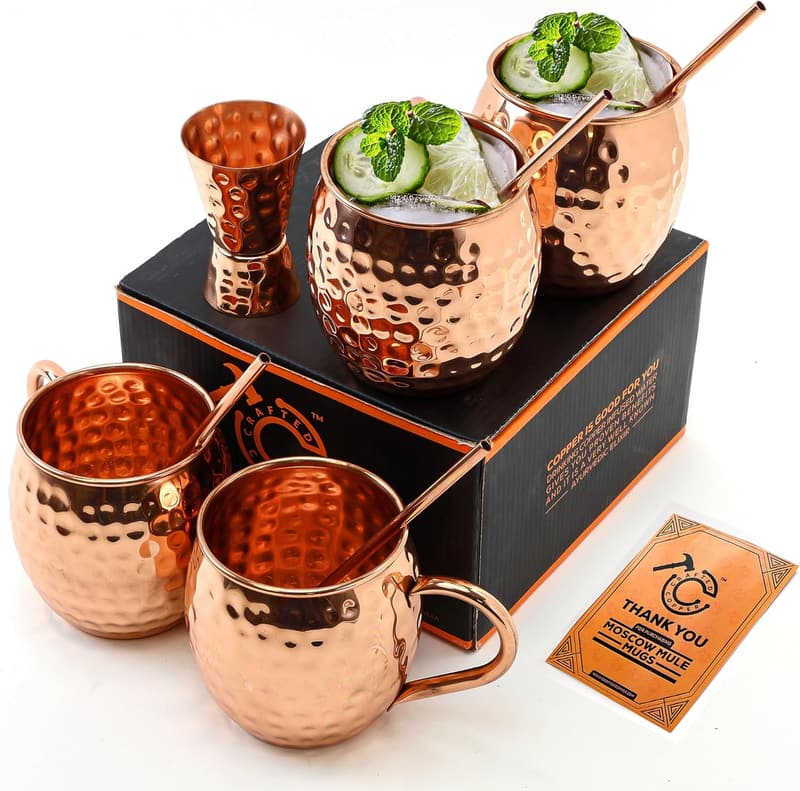 100% Pure Copper Moscow Mule Cups Set of 4 - 16oz with Straws and Jigger