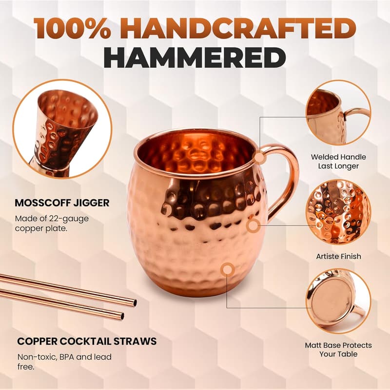 100% Pure Copper Moscow Mule Cups Set of 4 - 16oz with Straws and Jigger