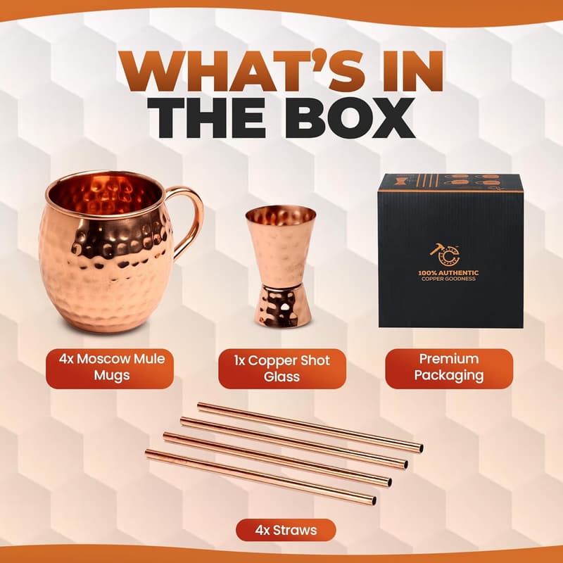 100% Pure Copper Moscow Mule Cups Set of 4 - 16oz with Straws and Jigger