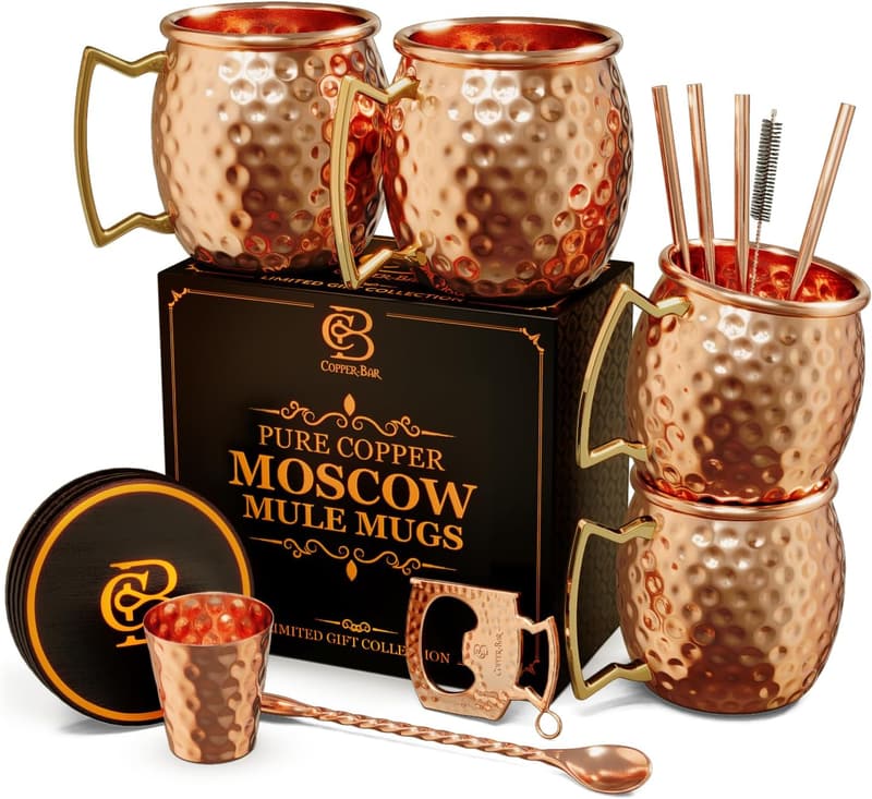 Handcrafted Copper Moscow Mule Mug Set with Straws & Coasters
